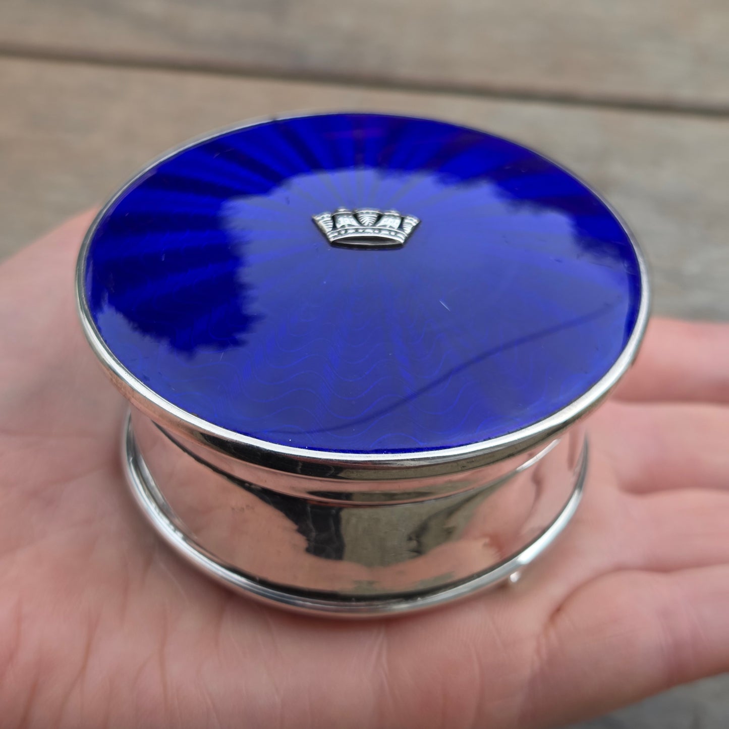 Antique Art Deco 1934 Hallmarked Solid Sterling Silver Blue Guilloche Enamel Jewellery Ring Box 98g