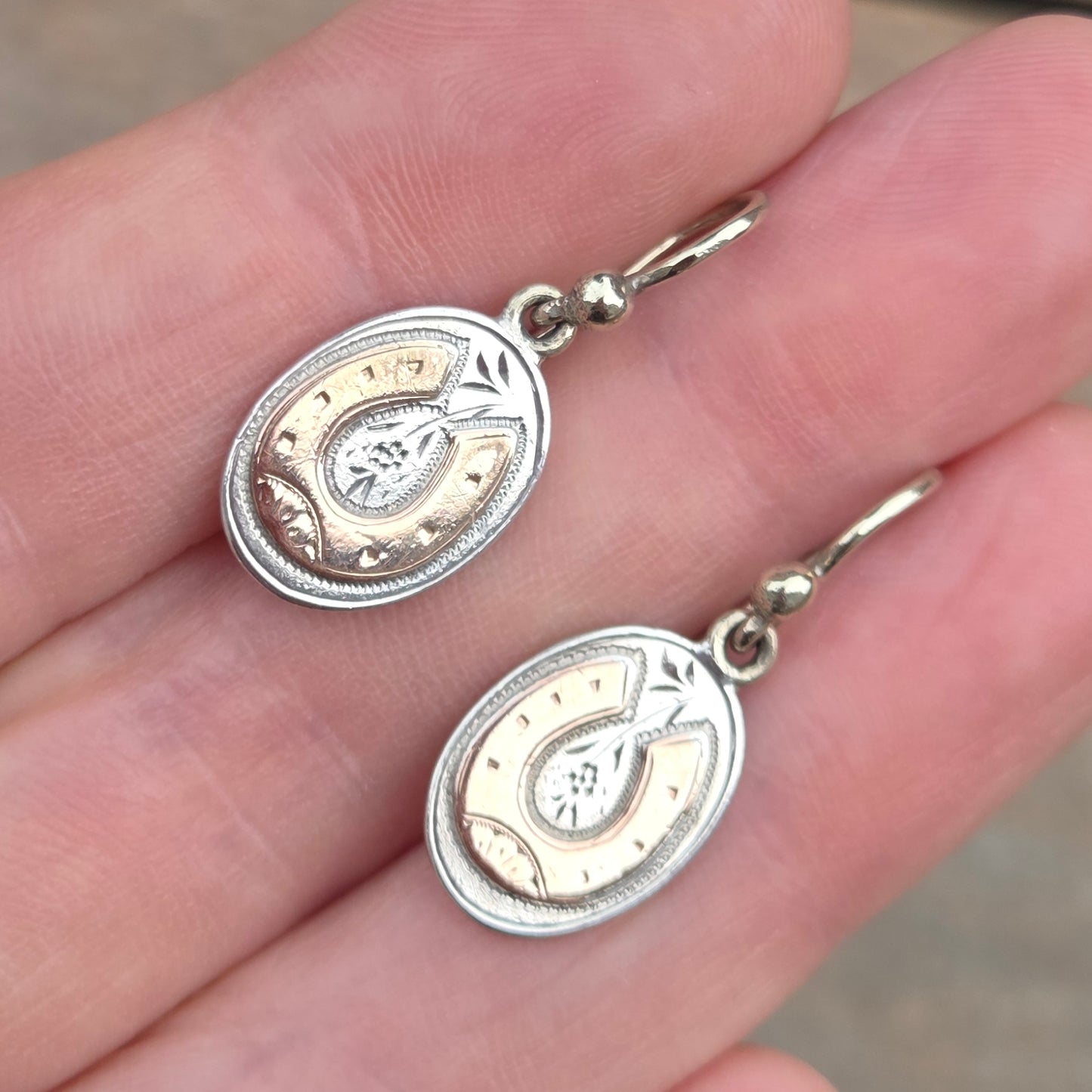 Antique Victorian 1873 Hallmarked Solid Silver 9ct Gold Engraved Aesthetic Lucky Horseshoe Drop Hook Earrings