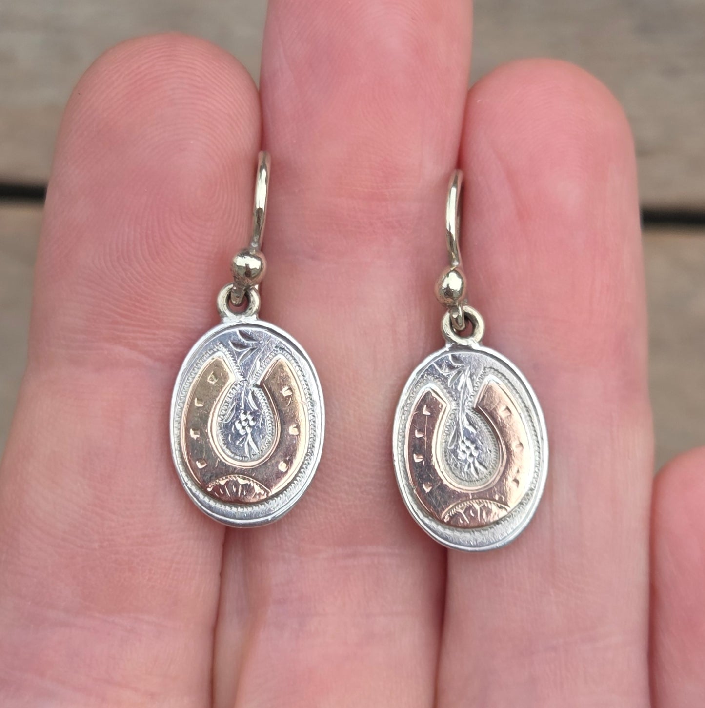 Antique Victorian 1873 Hallmarked Solid Silver 9ct Gold Engraved Aesthetic Lucky Horseshoe Drop Hook Earrings