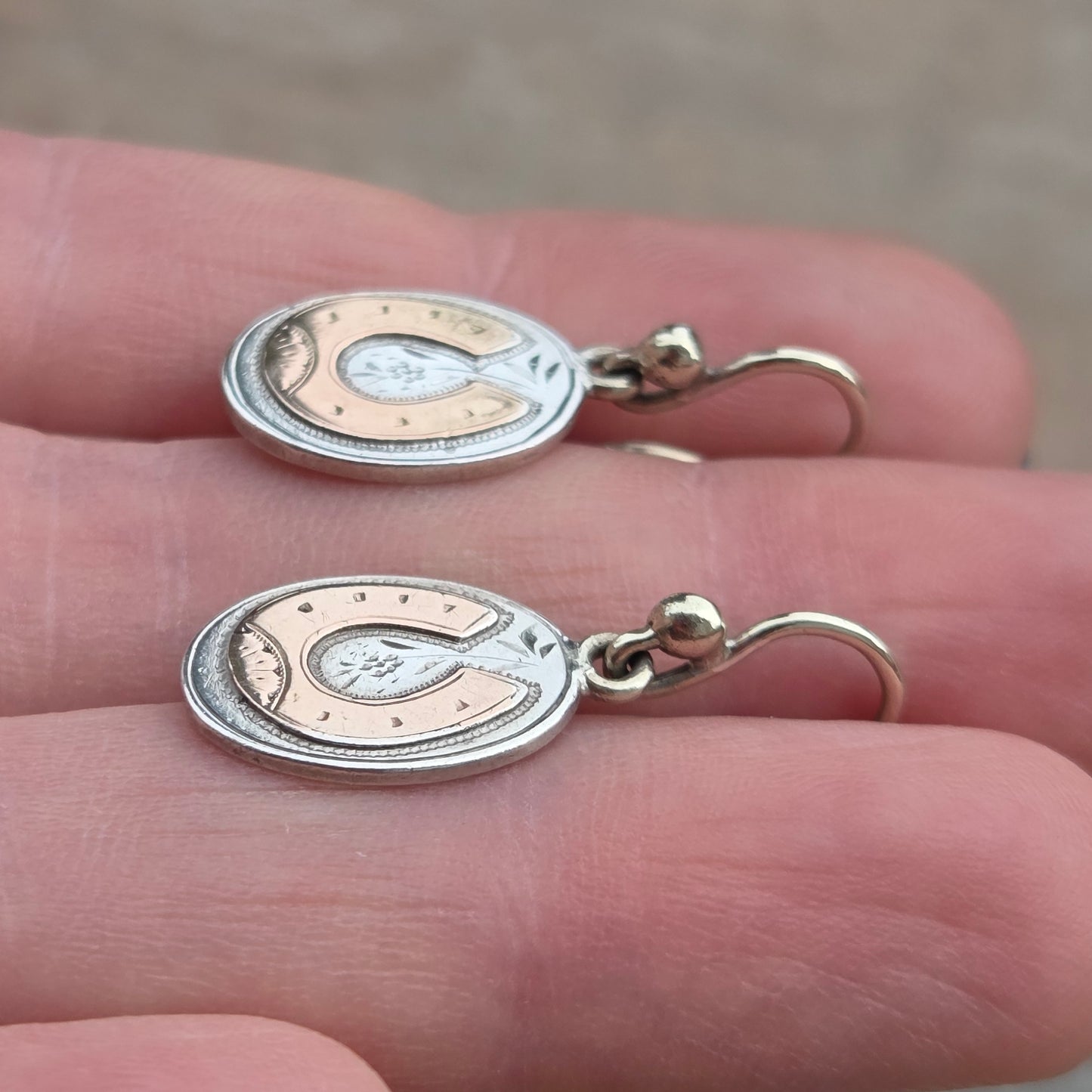 Antique Victorian 1873 Hallmarked Solid Silver 9ct Gold Engraved Aesthetic Lucky Horseshoe Drop Hook Earrings