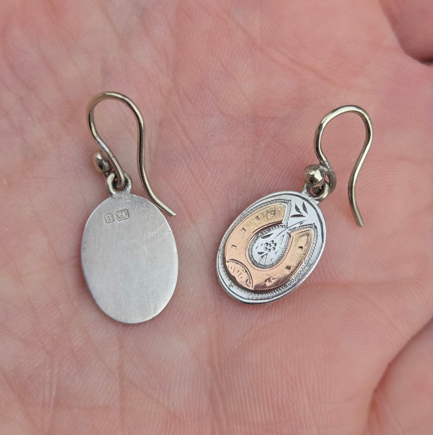 Antique Victorian 1873 Hallmarked Solid Silver 9ct Gold Engraved Aesthetic Lucky Horseshoe Drop Hook Earrings