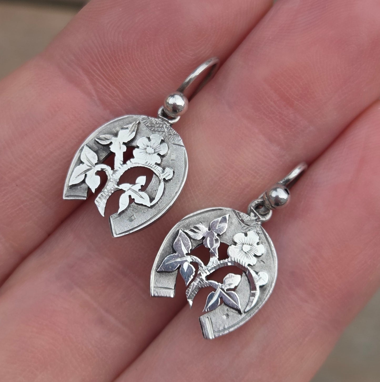 Antique Victorian Solid Silver Engraved Floral Forget Me Not Horseshoe Aesthetic Drop Hook Earrings