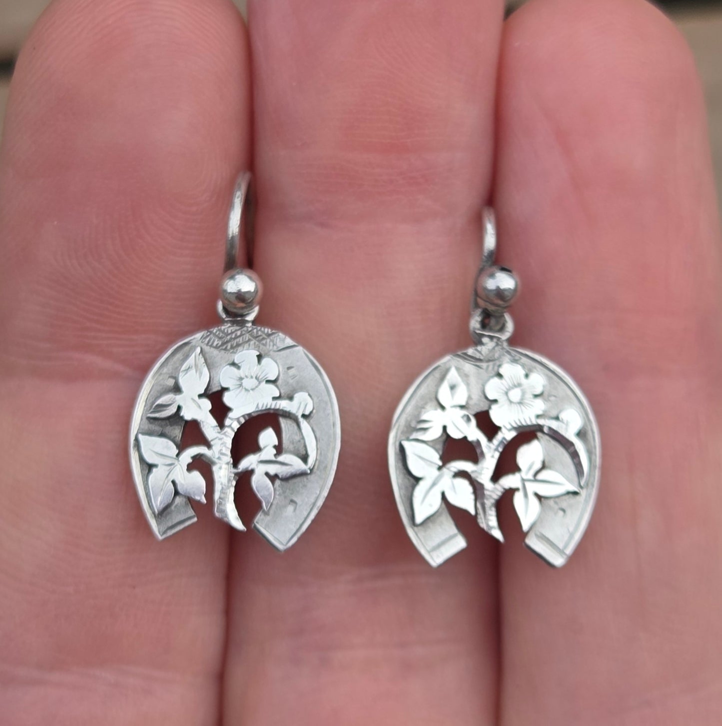 Antique Victorian Solid Silver Engraved Floral Forget Me Not Horseshoe Aesthetic Drop Hook Earrings