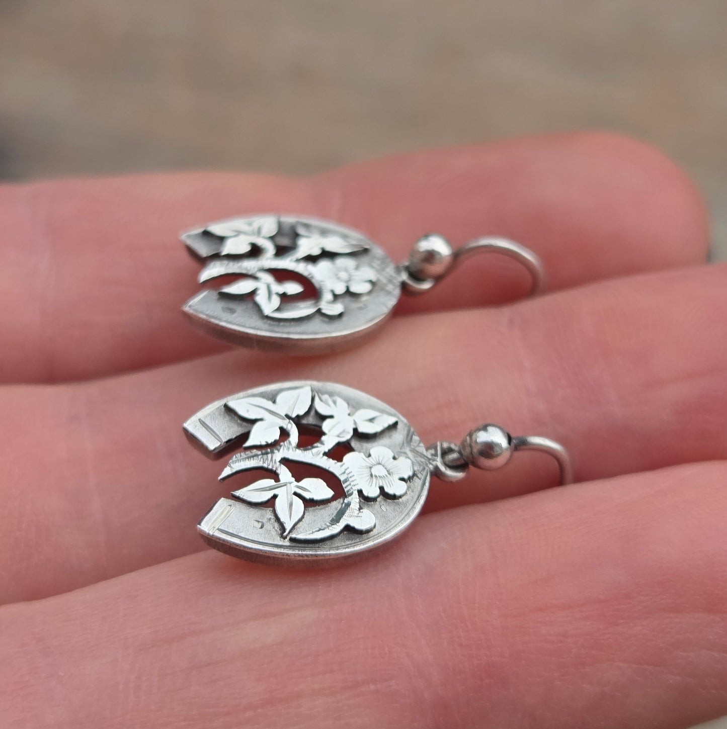 Antique Victorian Solid Silver Engraved Floral Forget Me Not Horseshoe Aesthetic Drop Hook Earrings