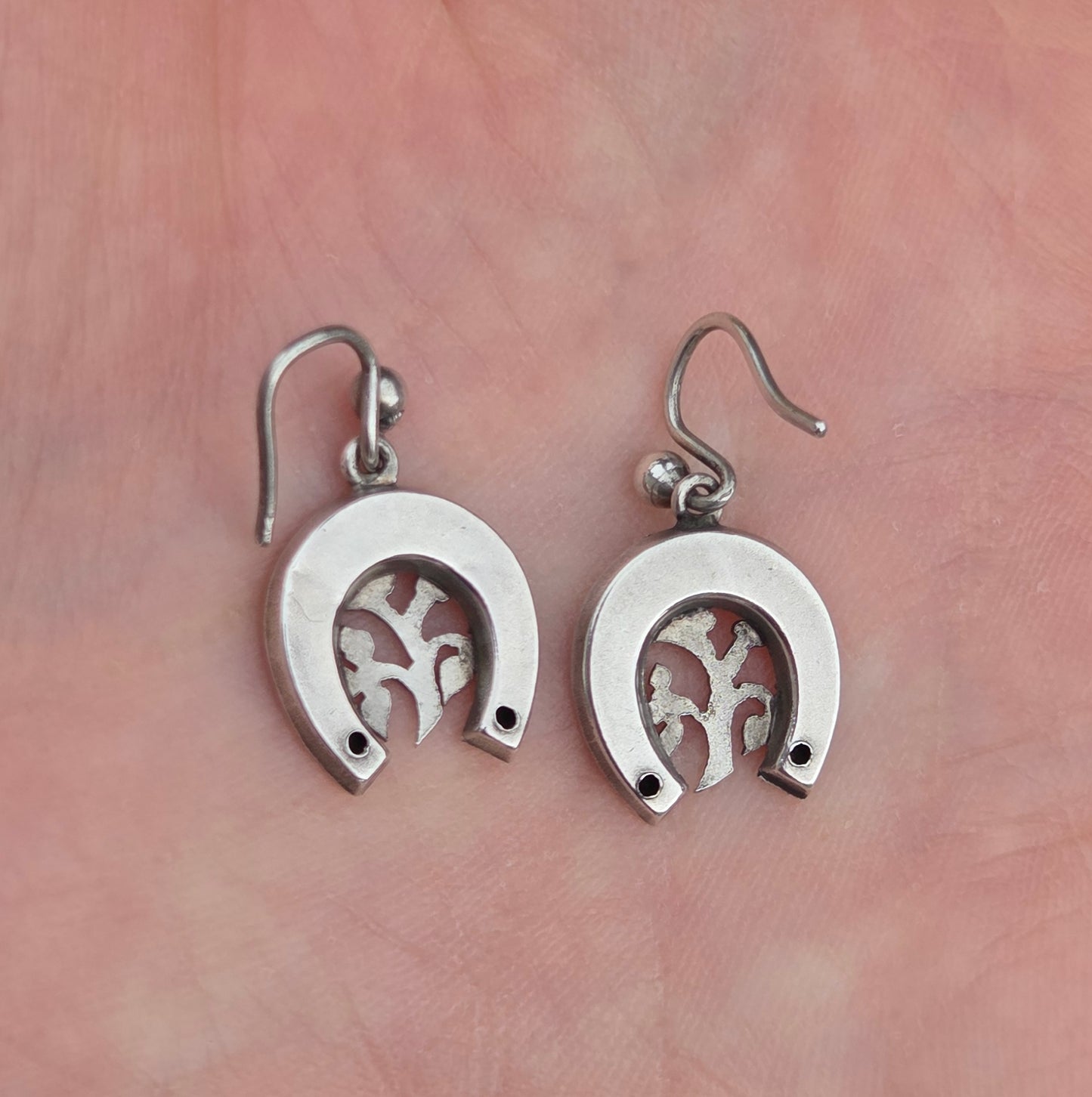 Antique Victorian Solid Silver Engraved Floral Forget Me Not Horseshoe Aesthetic Drop Hook Earrings