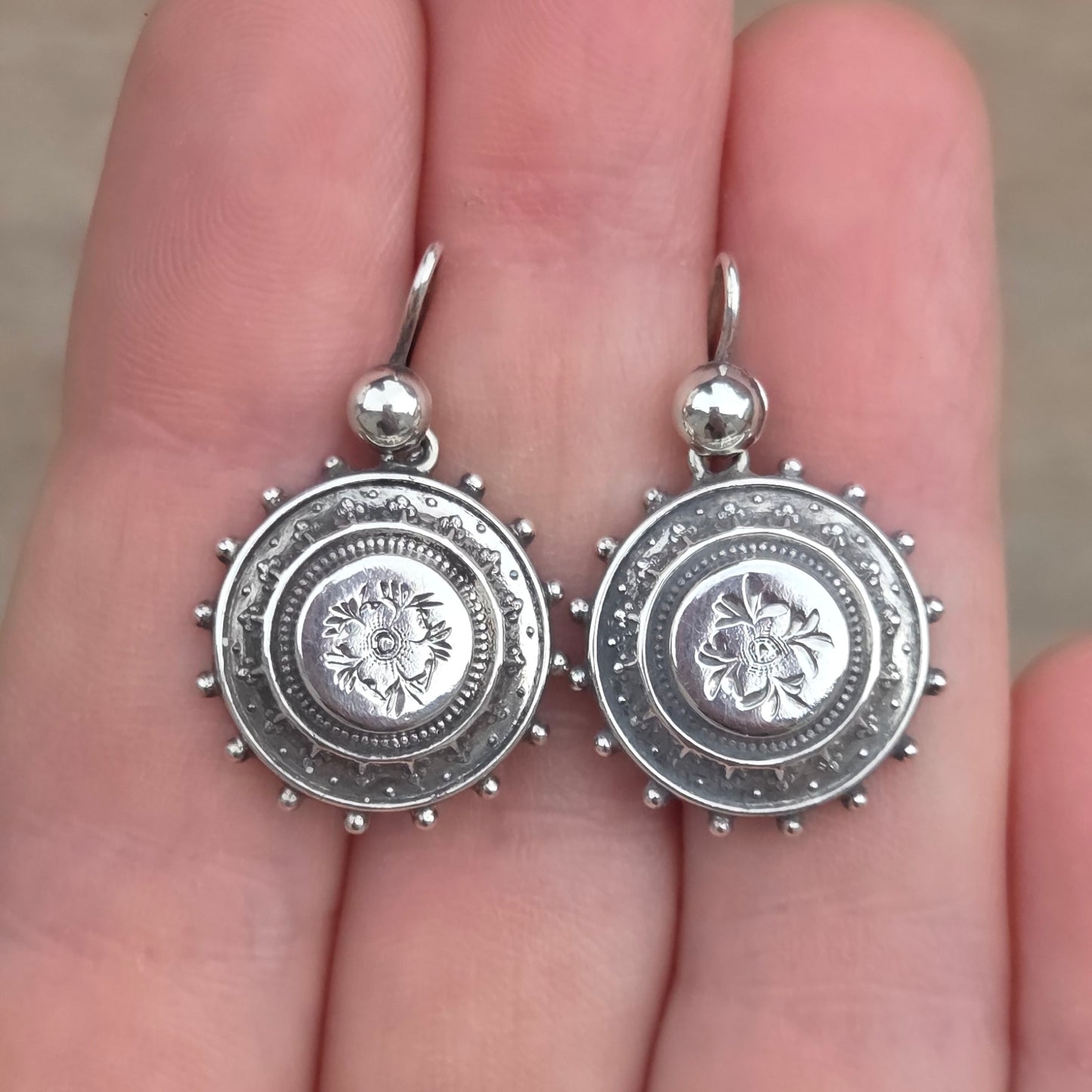 Antique Victorian 1882 Hallmarked Solid Silver Engraved Etruscan Aesthetic Drop Hook Earrings