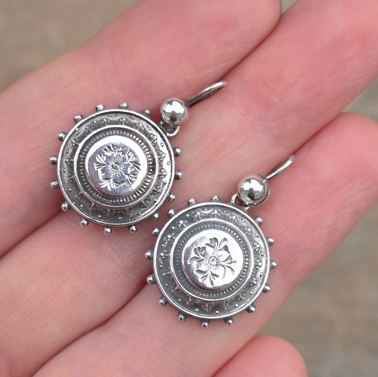 Antique Victorian 1882 Hallmarked Solid Silver Engraved Etruscan Aesthetic Drop Hook Earrings