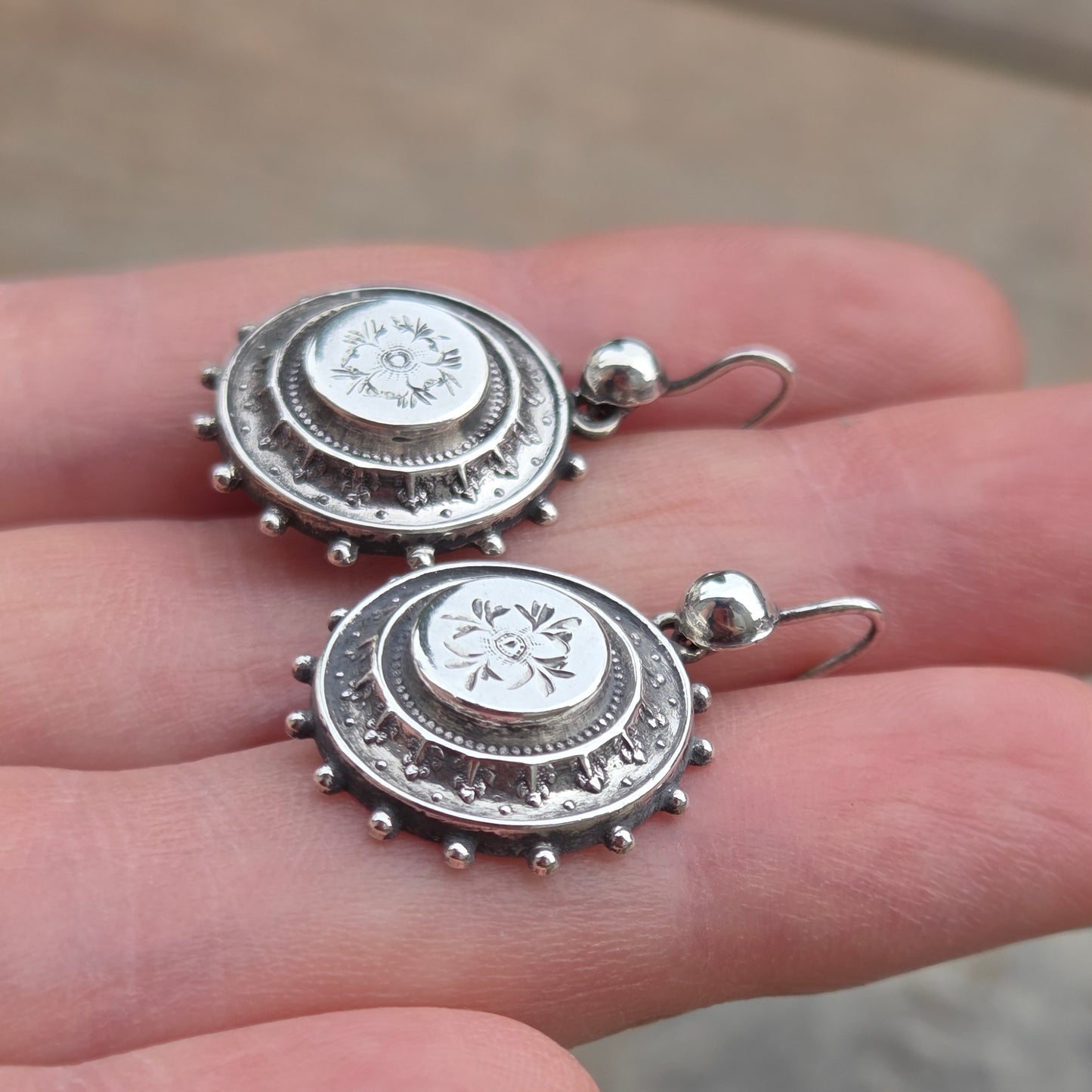 Antique Victorian 1882 Hallmarked Solid Silver Engraved Etruscan Aesthetic Drop Hook Earrings