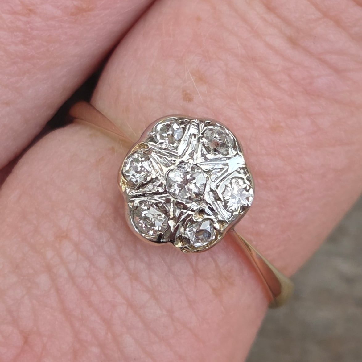 Antique Edwardian Hallmarked Solid 18ct 18k Gold Old Cut Diamond Star Daisy Ring Size Q