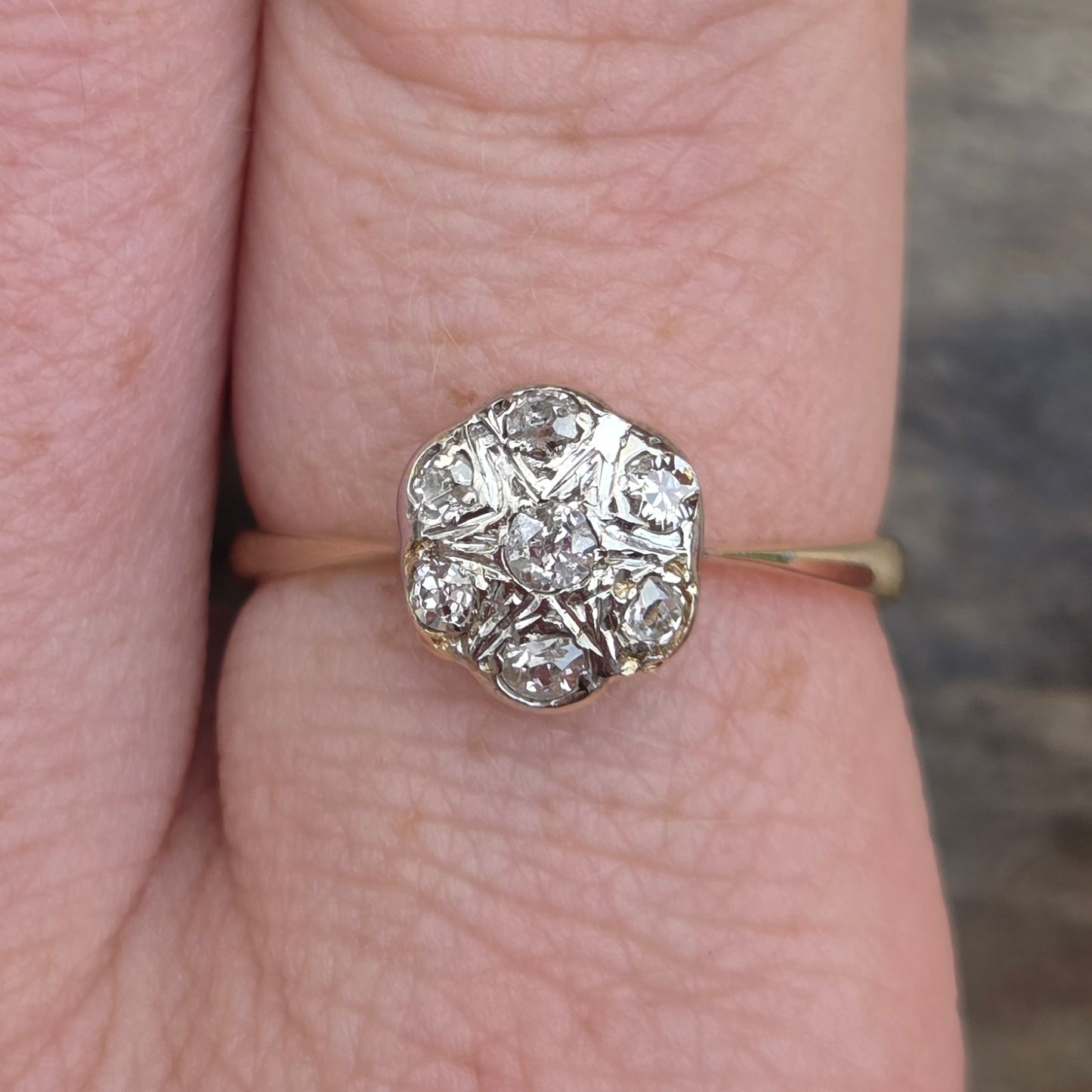 Antique Edwardian Hallmarked Solid 18ct 18k Gold Old Cut Diamond Star Daisy Ring Size Q