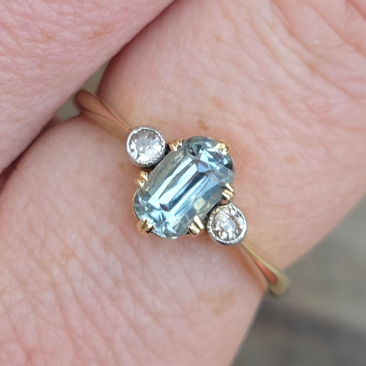 Antique Edwardian Hallmarked Solid 18ct 18k Gold Aquamarine Diamond Trilogy Ring Size Q