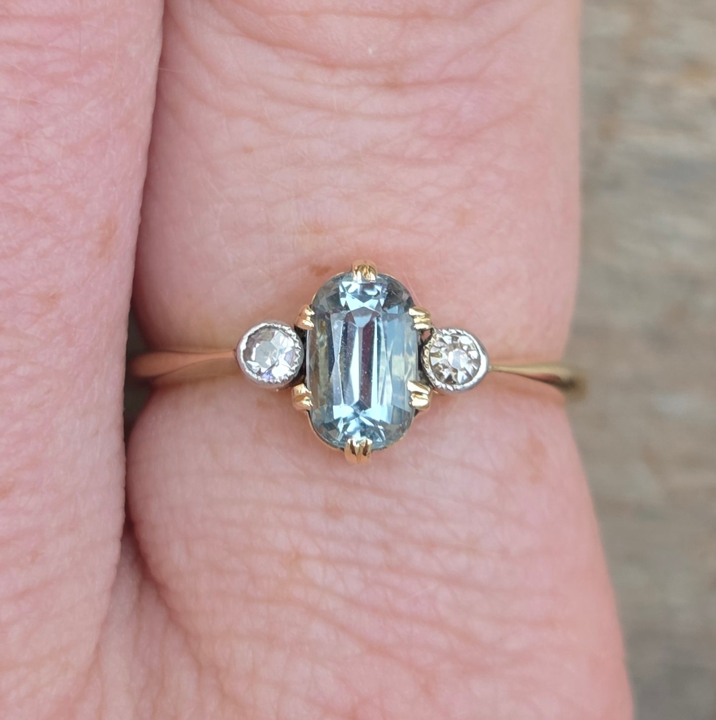 Antique Edwardian Hallmarked Solid 18ct 18k Gold Aquamarine Diamond Trilogy Ring Size Q
