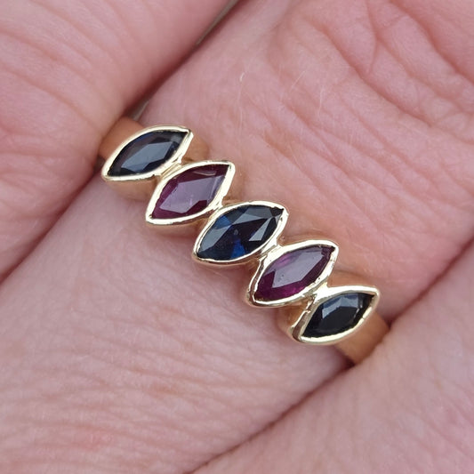 Vintage 1983 English Hallmarked Solid 9ct 9k Gold Sapphire Ruby Eternity Ring Size M
