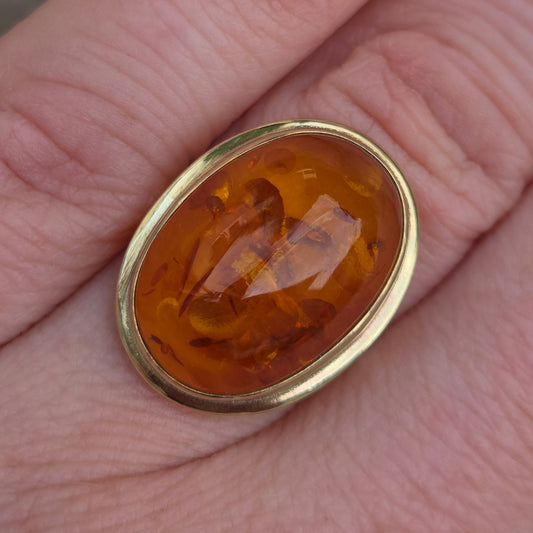 Vintage Handarben German HM Solid 8ct 8k 333 9ct Gold Baltic Amber Cocktail Ring Size L