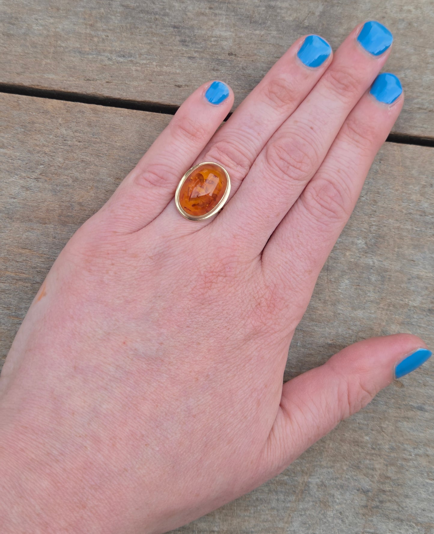 Vintage Handarben German HM Solid 8ct 8k 333 9ct Gold Baltic Amber Cocktail Ring Size L