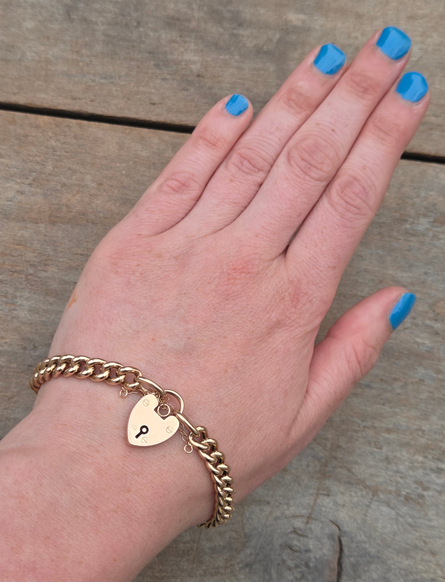 Antique Edwardian 1902 Hallmarked Solid 9ct 9k Gold Curb Chain Bracelet Heart Padlock 7.5''