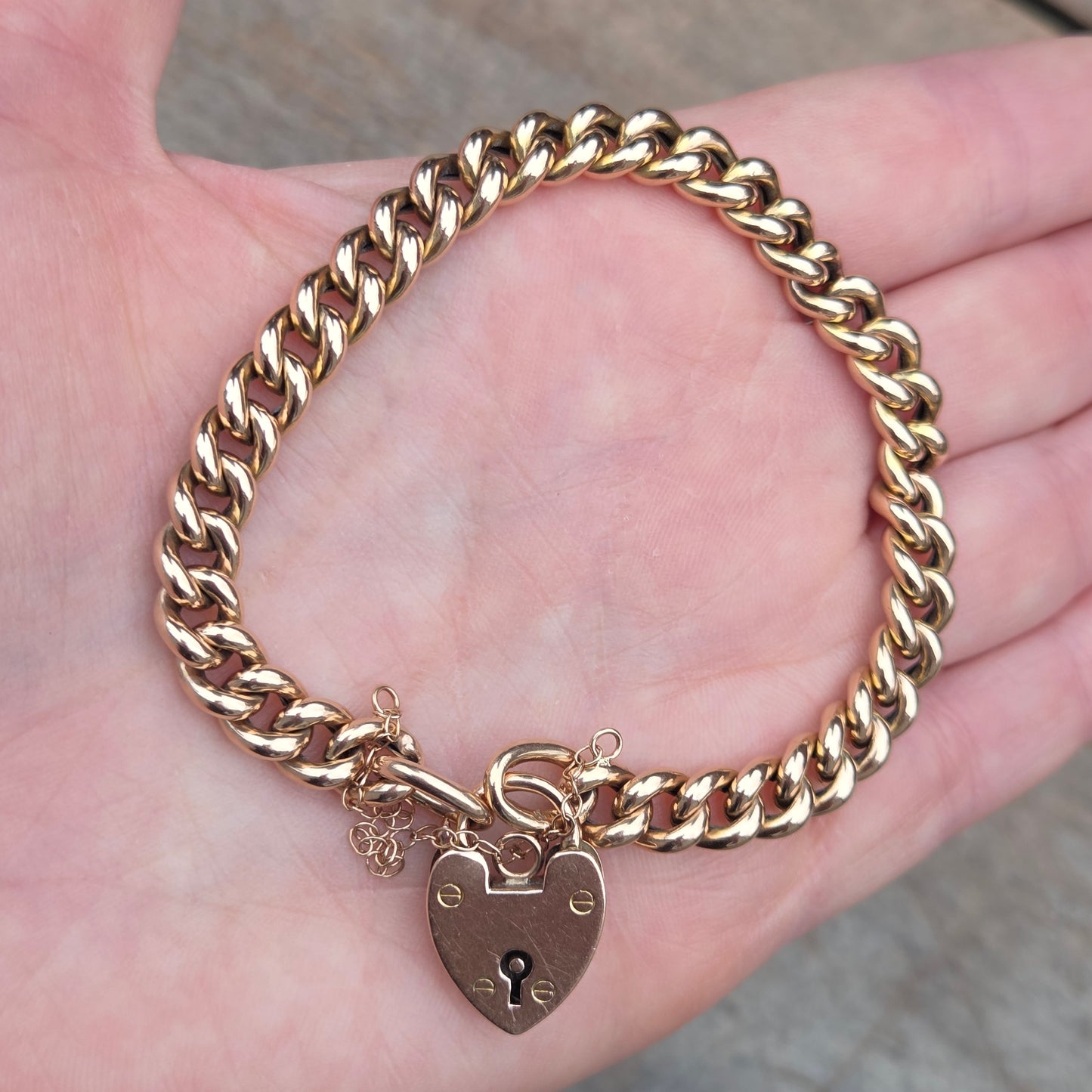 Antique Edwardian 1902 Hallmarked Solid 9ct 9k Gold Curb Chain Bracelet Heart Padlock 7.5''