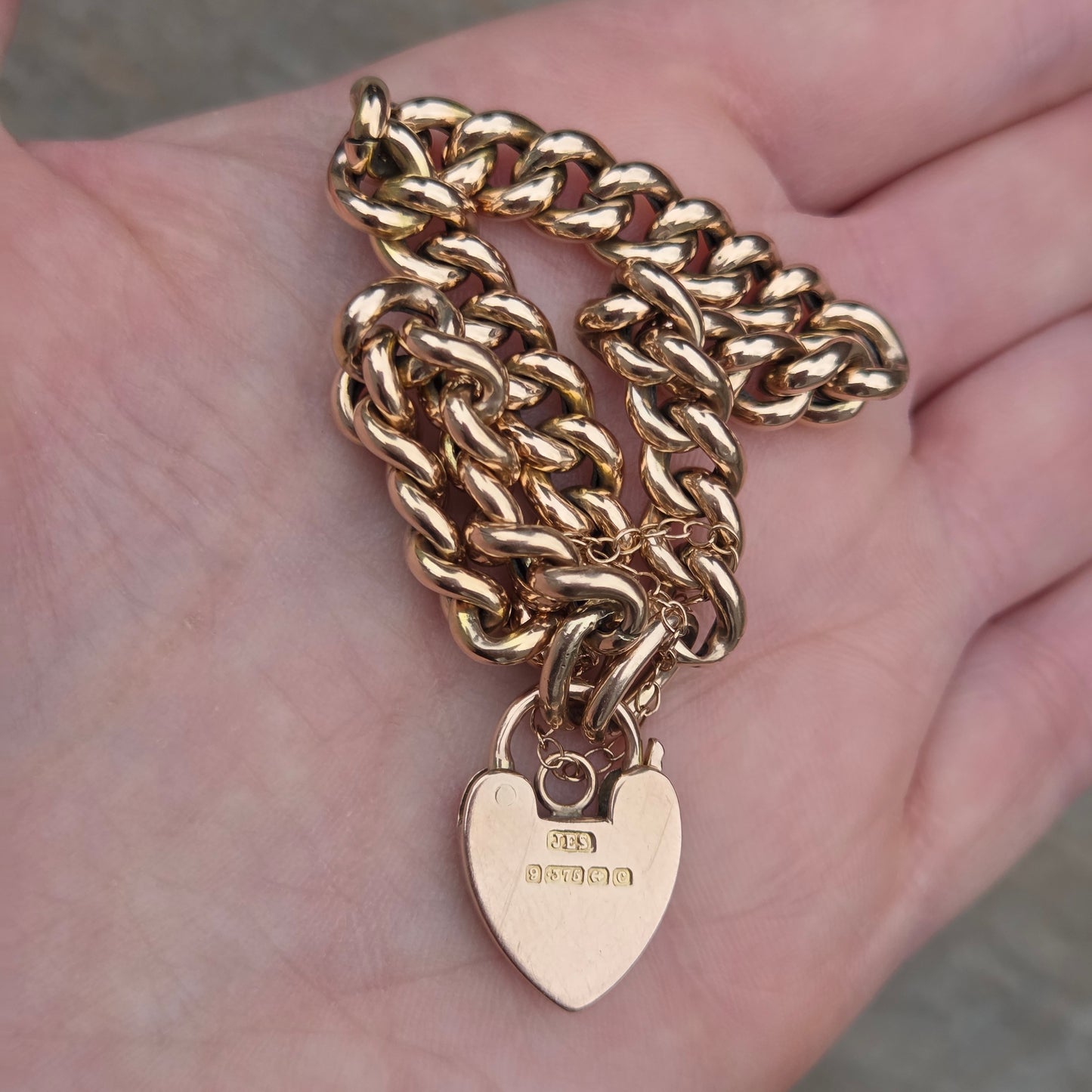 Antique Edwardian 1902 Hallmarked Solid 9ct 9k Gold Curb Chain Bracelet Heart Padlock 7.5''