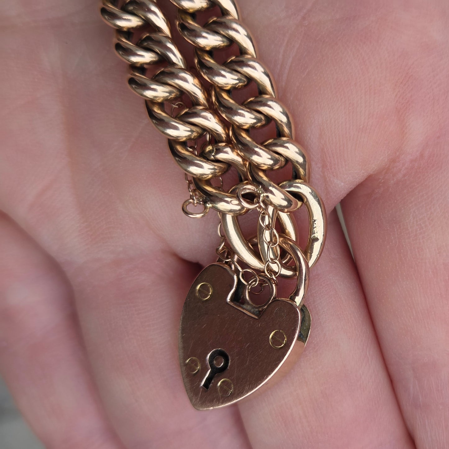 Antique Edwardian 1902 Hallmarked Solid 9ct 9k Gold Curb Chain Bracelet Heart Padlock 7.5''