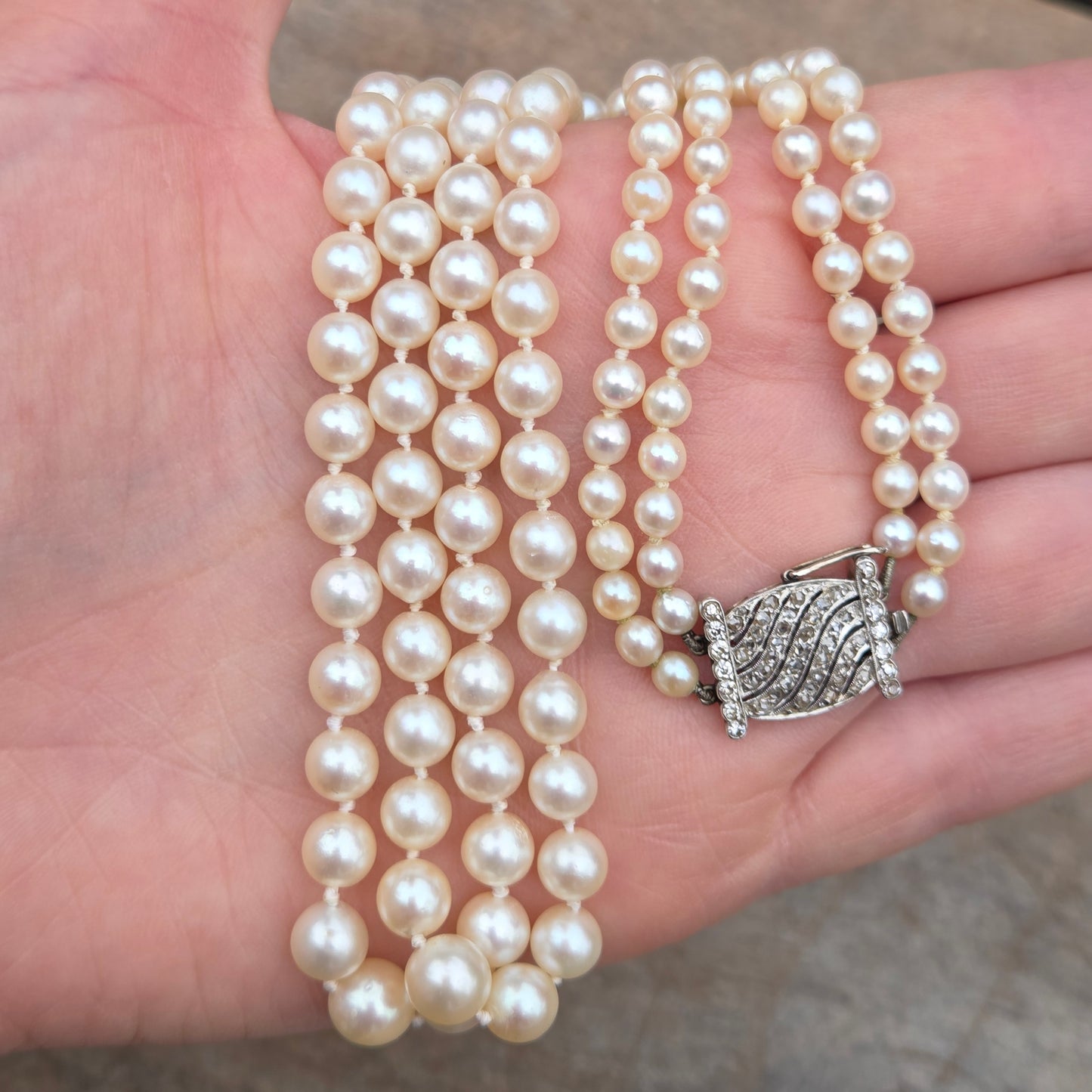 Antique Victorian Solid 18ct 18k White Gold Diamond Clasp Cultured Pearl Necklace 17.5''