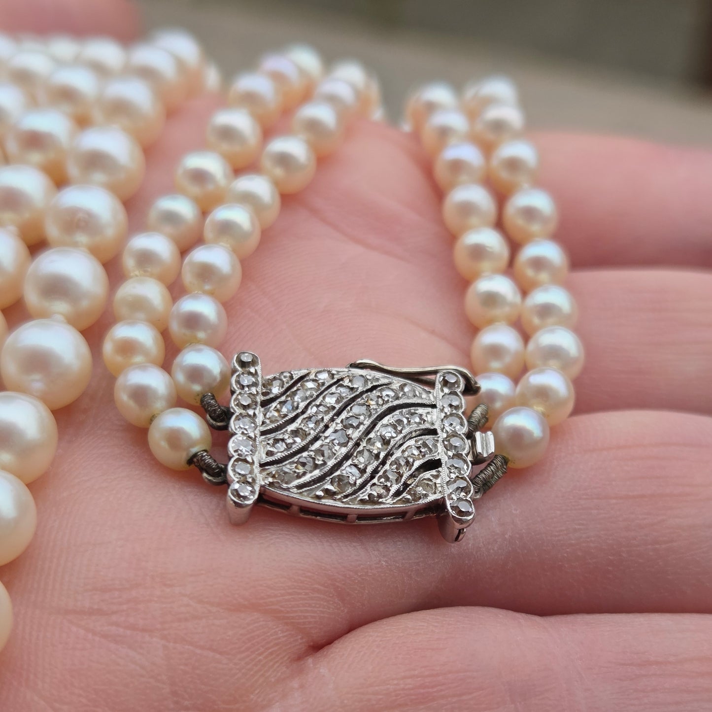Antique Victorian Solid 18ct 18k White Gold Diamond Clasp Cultured Pearl Necklace 17.5''