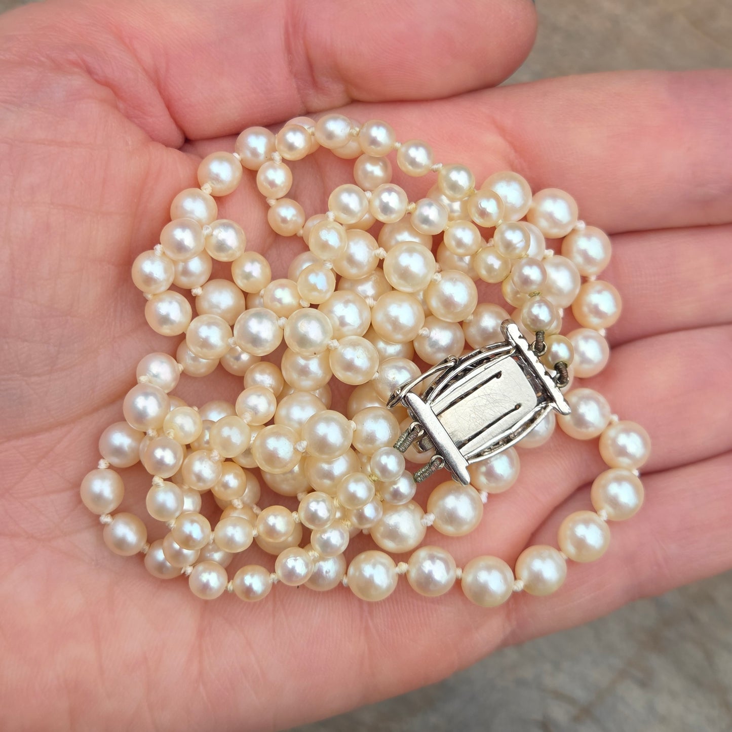 Antique Victorian Solid 18ct 18k White Gold Diamond Clasp Cultured Pearl Necklace 17.5''
