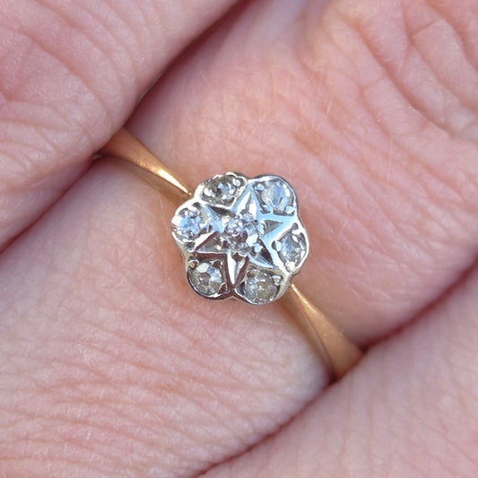 Antique Edwardian Hallmarked Solid 18ct 18k Gold Old Cut Diamond Star Daisy Ring Size K