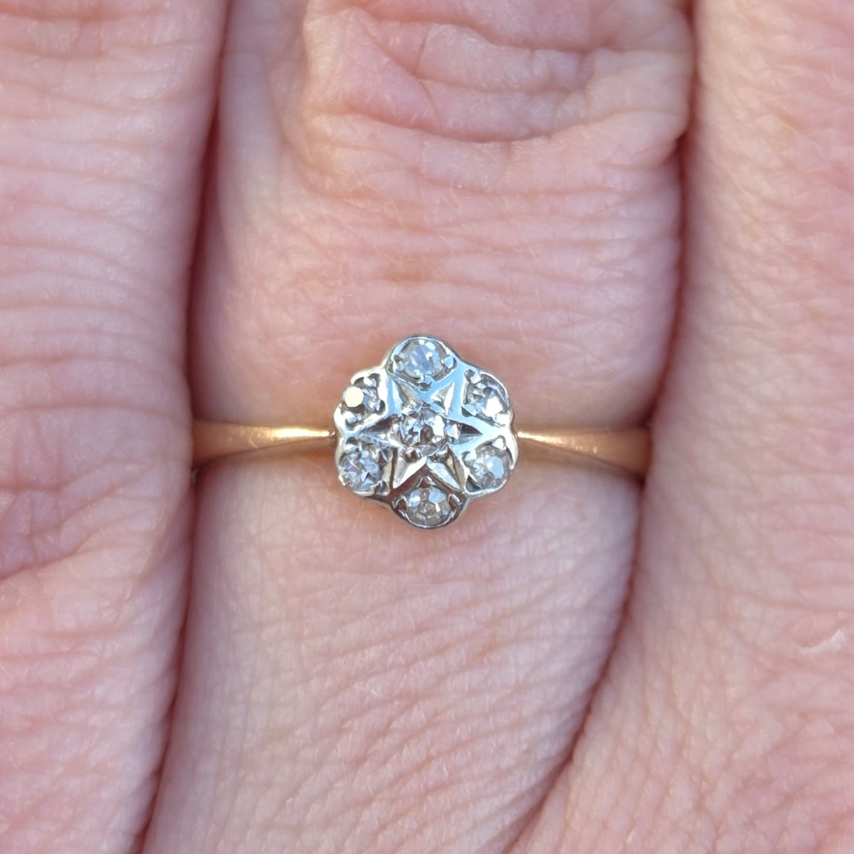 Antique Edwardian Hallmarked Solid 18ct 18k Gold Old Cut Diamond Star Daisy Ring Size K