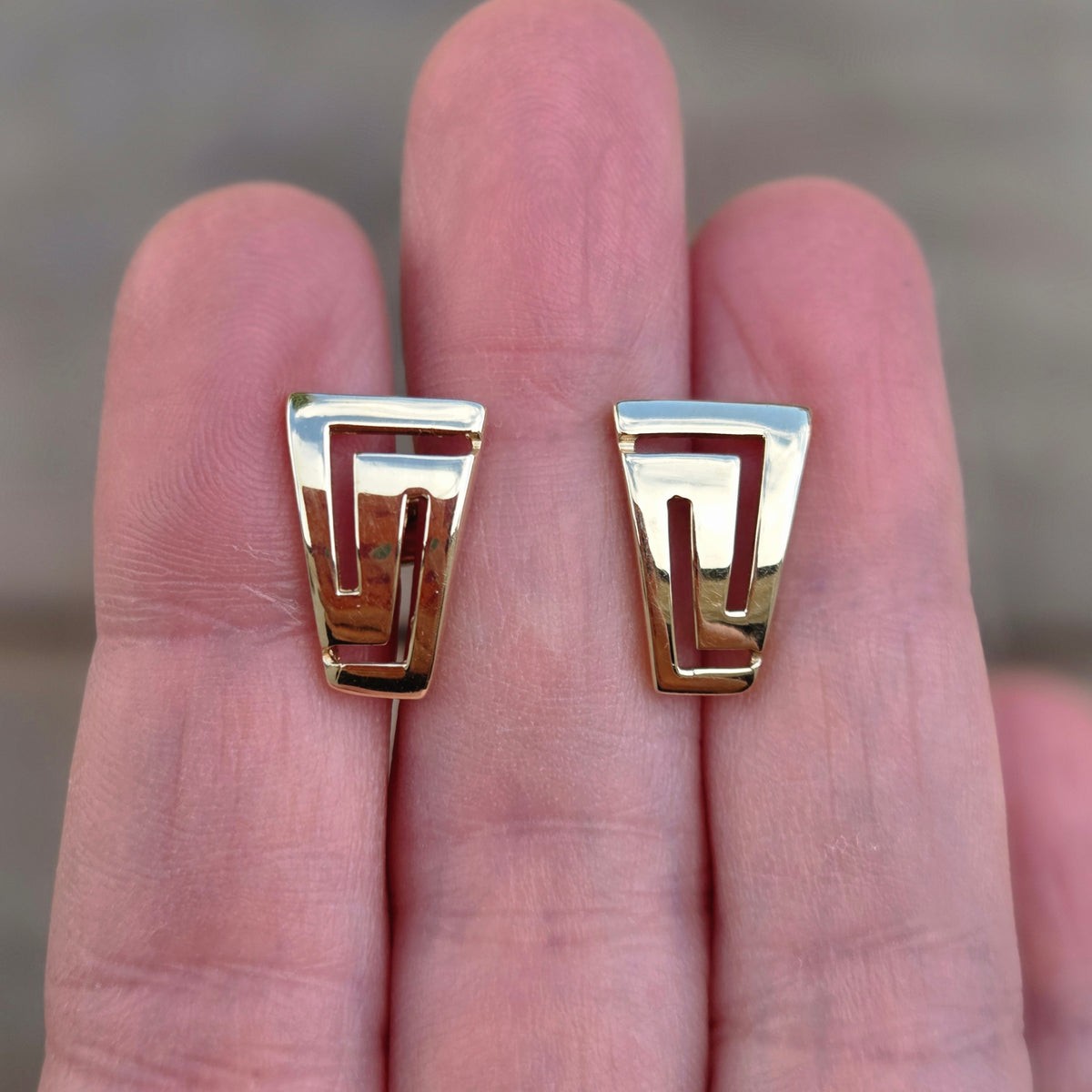 Vintage Greek Hallmarked Solid 14ct 14k Gold 585 Large Key Stud Earrings 3.15g