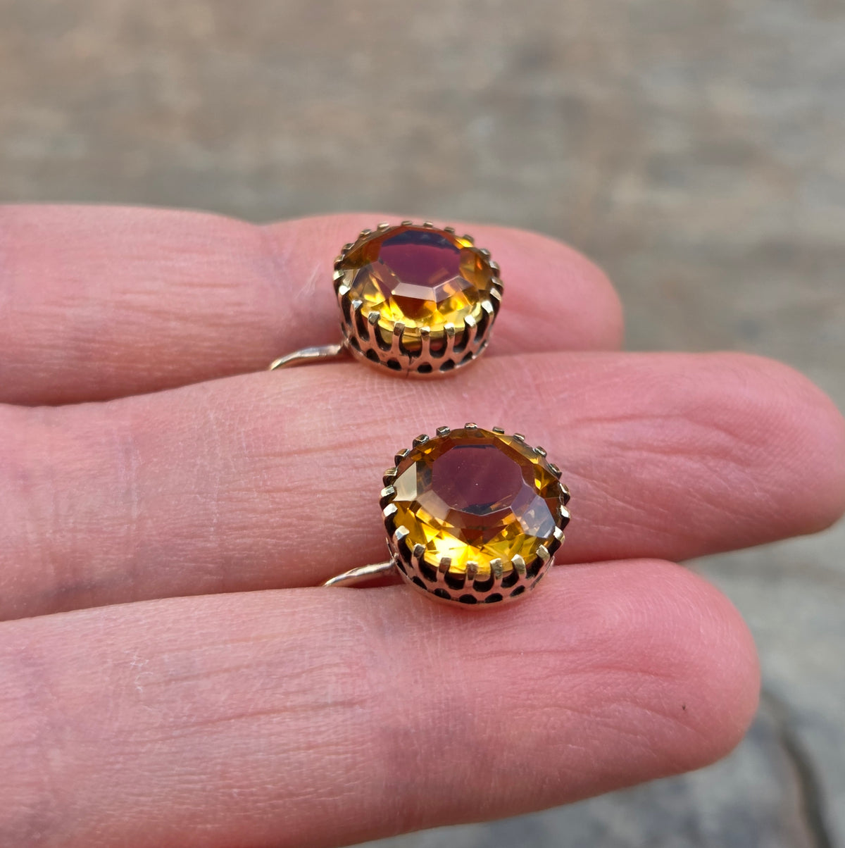 Antique Victorian Hallmarked Solid 9ct 9k Gold 4Ct Citrine Solitaire Screw Back Earrings
