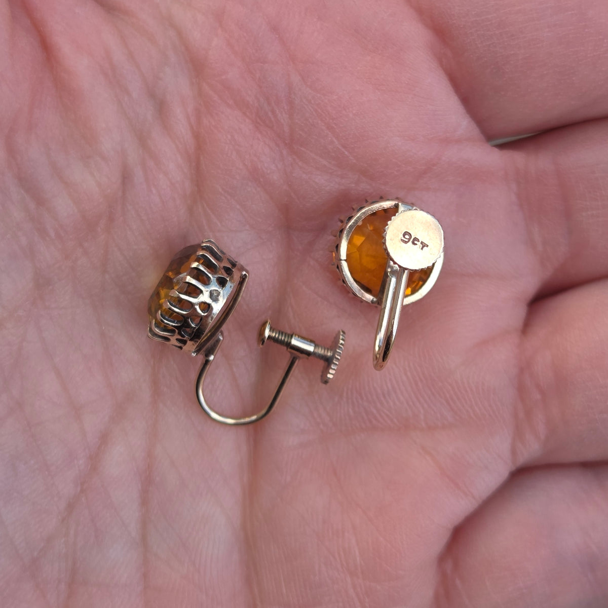 Antique Victorian Hallmarked Solid 9ct 9k Gold 4Ct Citrine Solitaire Screw Back Earrings