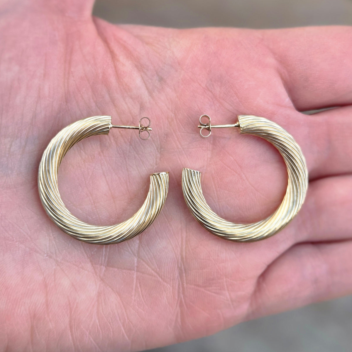 Vintage 1991 Hallmarked Solid 9ct 9k Gold Large Twisted Hoop Stud Earrings 4.4g