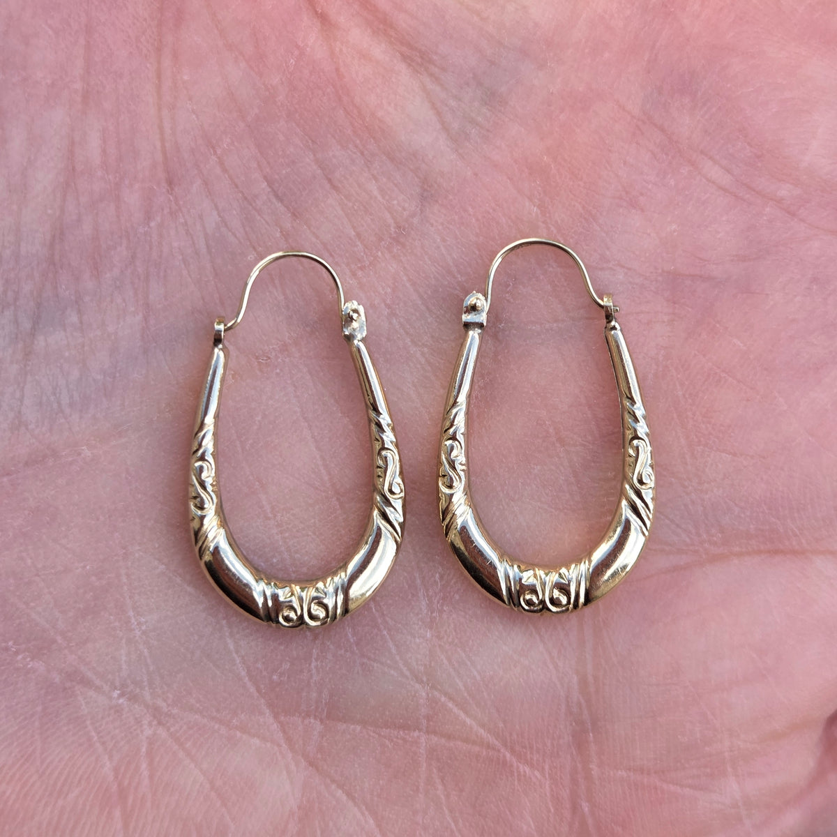 Vintage 1990's Hallmarked Solid 9ct 9k Gold Oval Creole Hoop Earrings Hoops