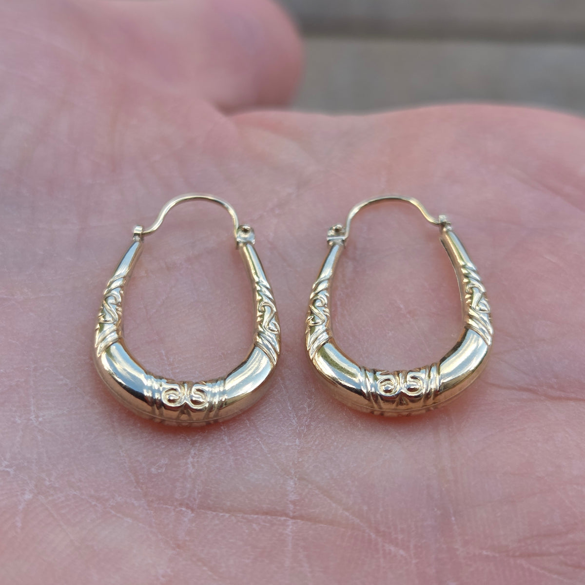 Vintage 1990's Hallmarked Solid 9ct 9k Gold Oval Creole Hoop Earrings Hoops