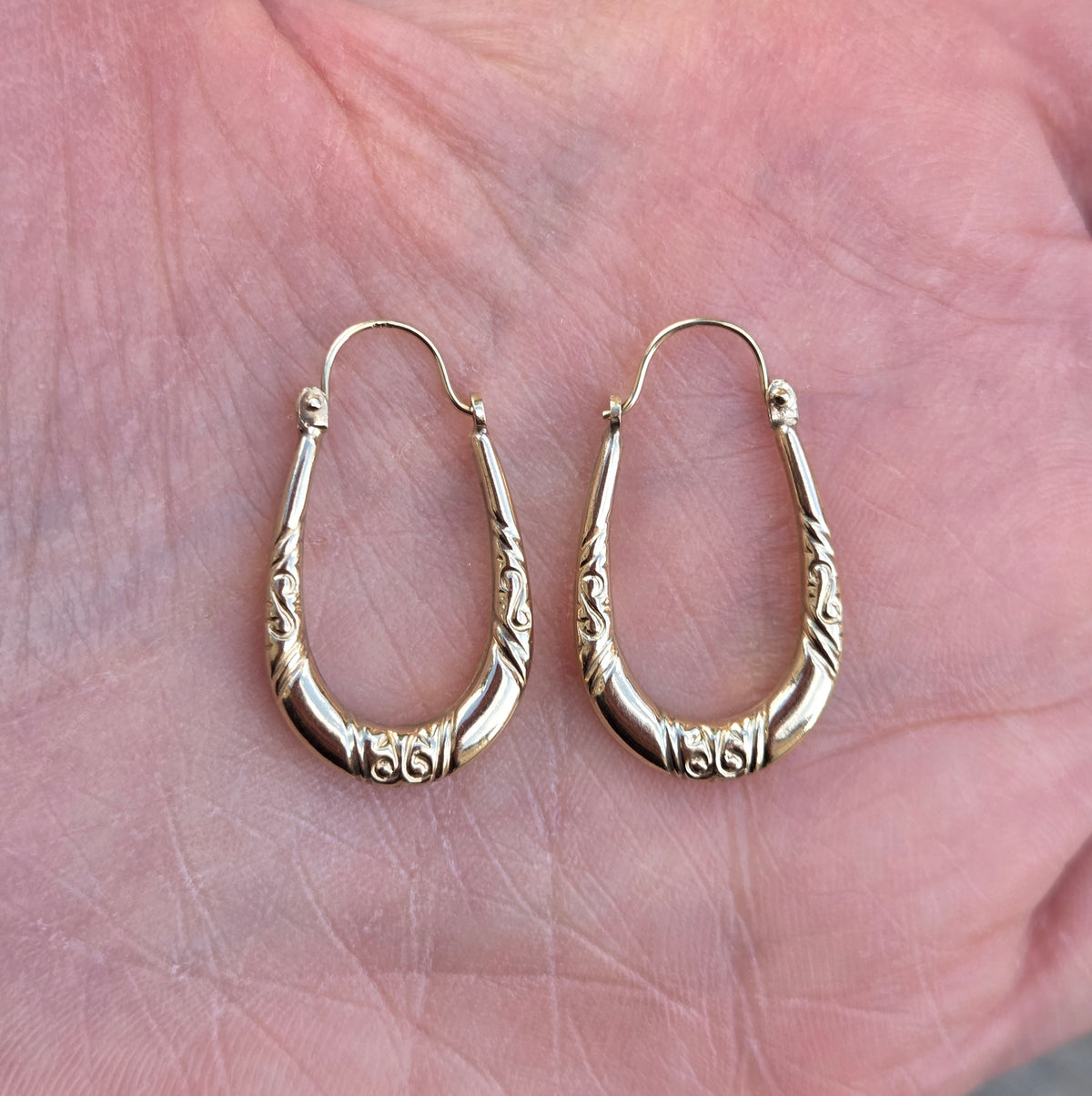 Vintage 1990's Hallmarked Solid 9ct 9k Gold Oval Creole Hoop Earrings Hoops