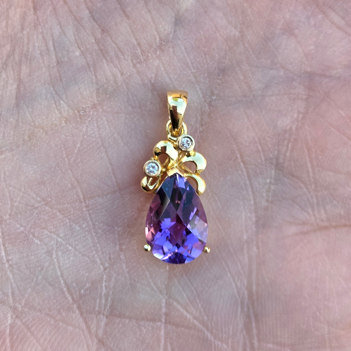 Vintage Hallmarked Solid 18ct 18k Gold 2.5Ct Amethyst & Diamond Tear Drop Pendant