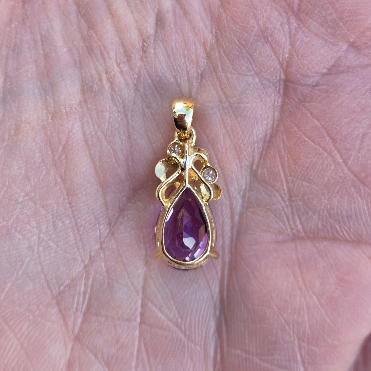 Vintage Hallmarked Solid 18ct 18k Gold 2.5Ct Amethyst & Diamond Tear Drop Pendant