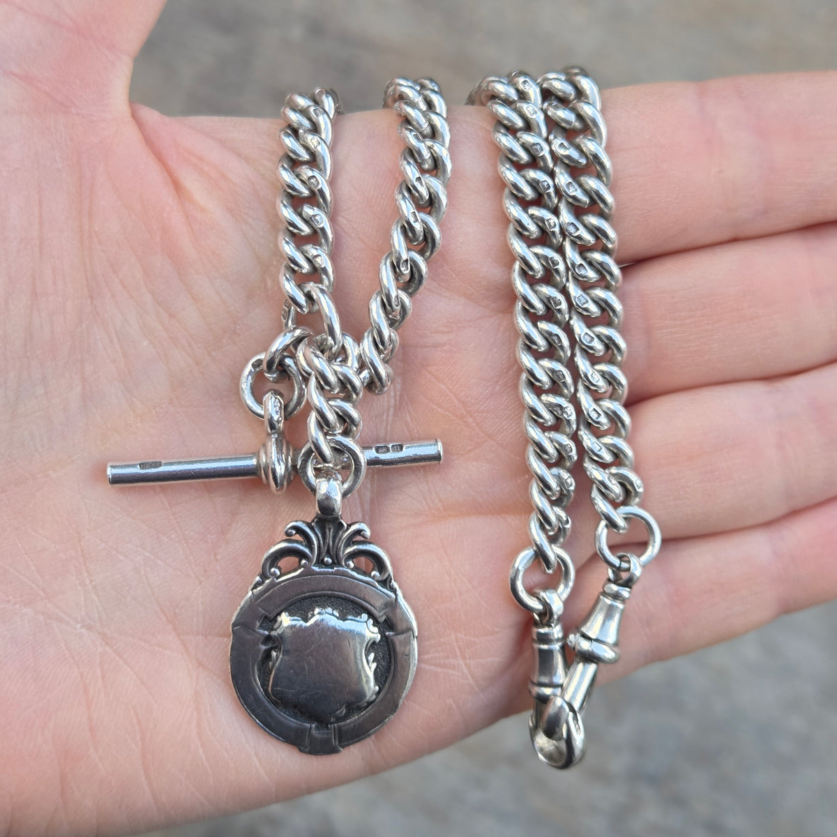 Antique 1919 HM Solid Sterling Silver Heavy Double Albert Smooth Curb Chain Necklace Fob Pendant 15.5'' 61g