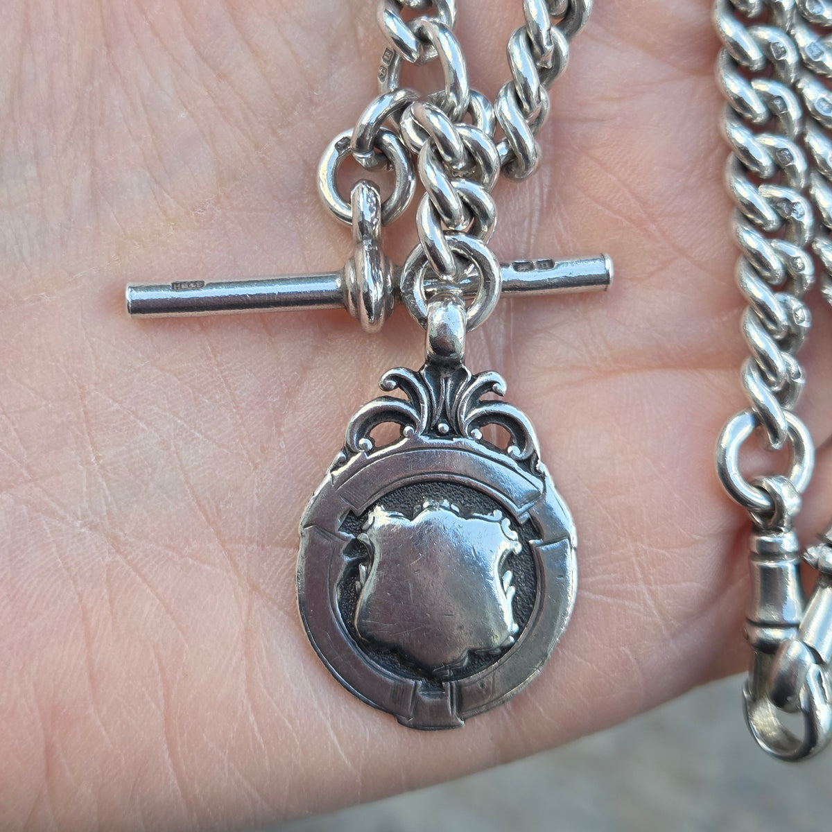 Antique 1919 HM Solid Sterling Silver Heavy Double Albert Smooth Curb Chain Necklace Fob Pendant 15.5'' 61g
