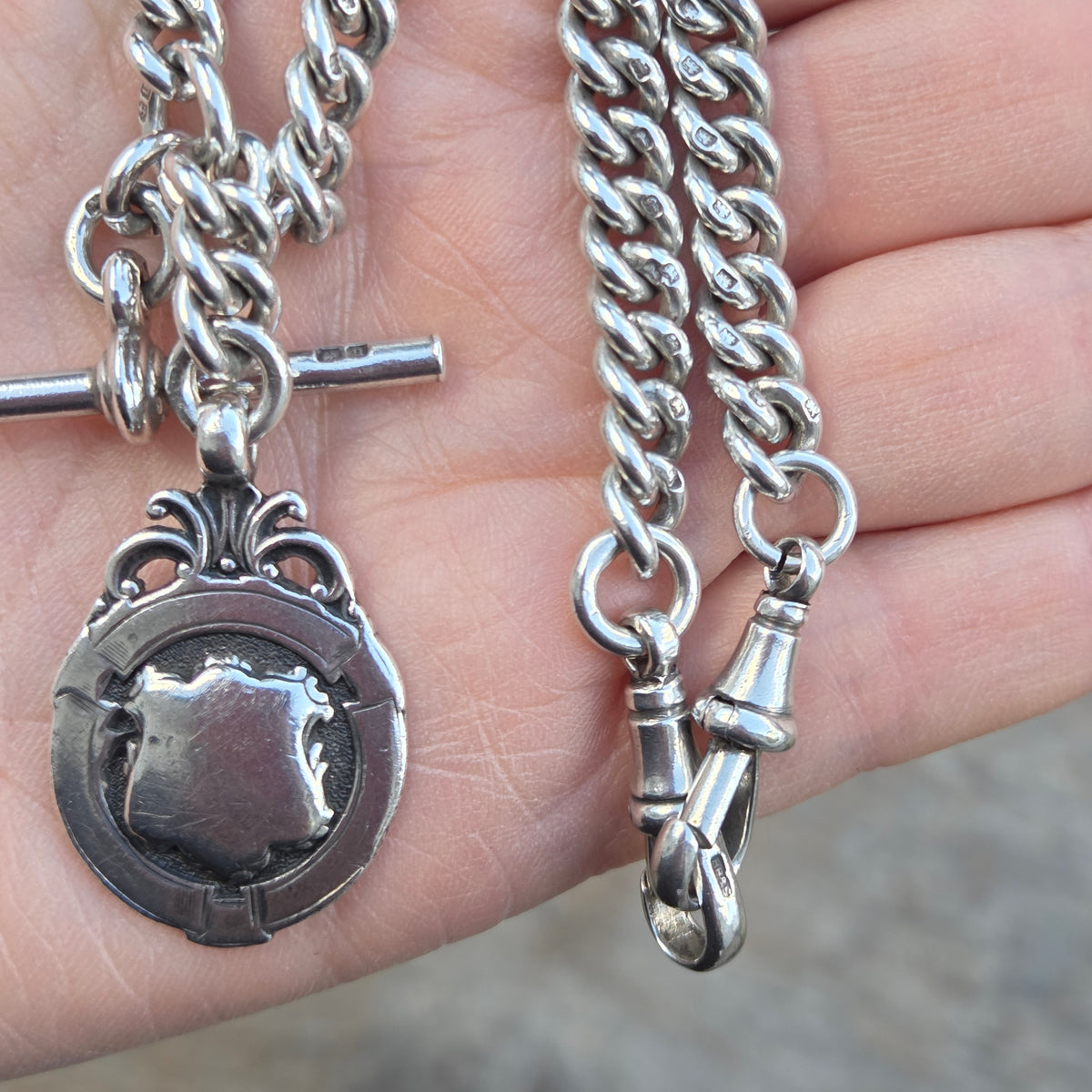 Antique 1919 HM Solid Sterling Silver Heavy Double Albert Smooth Curb Chain Necklace Fob Pendant 15.5'' 61g