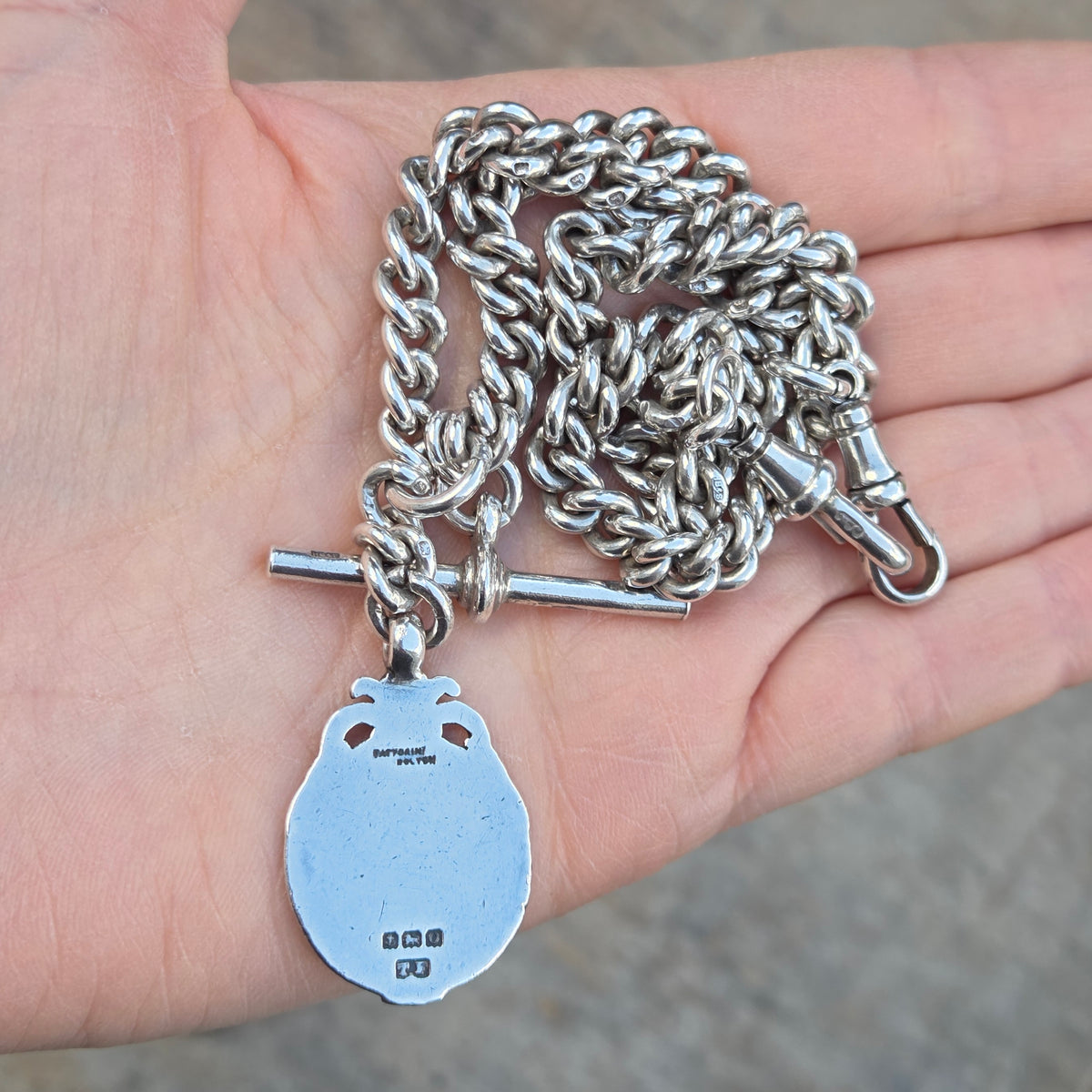 Antique 1919 HM Solid Sterling Silver Heavy Double Albert Smooth Curb Chain Necklace Fob Pendant 15.5'' 61g