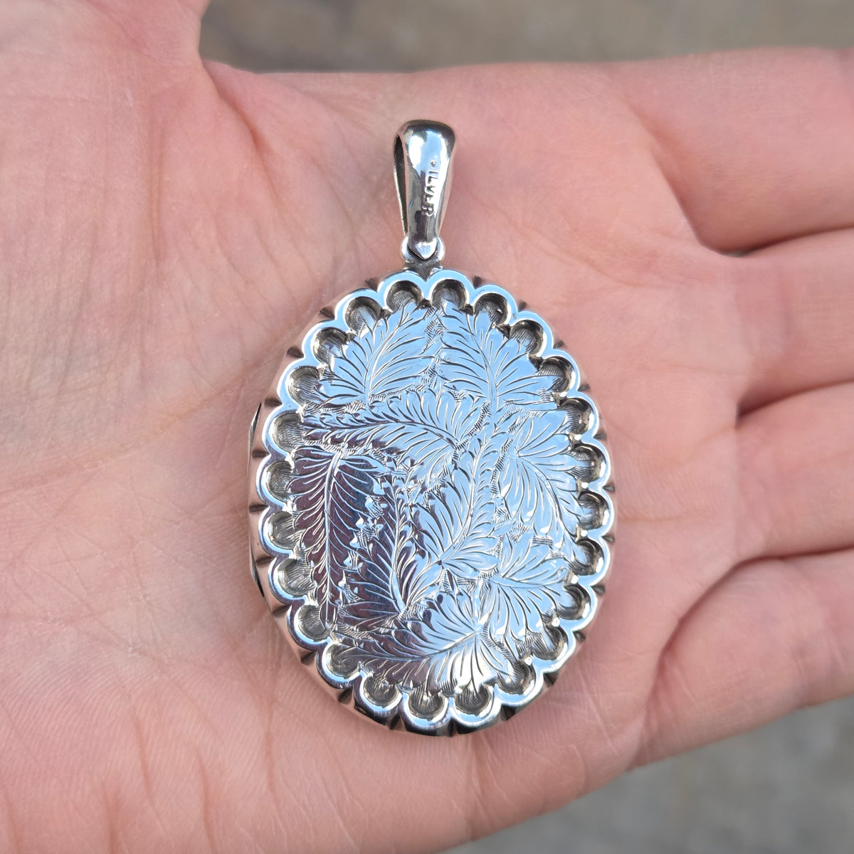 Antique Vintage Solid Sterling Silver Large Engraved Fern Locket Pendant for Chain Necklace