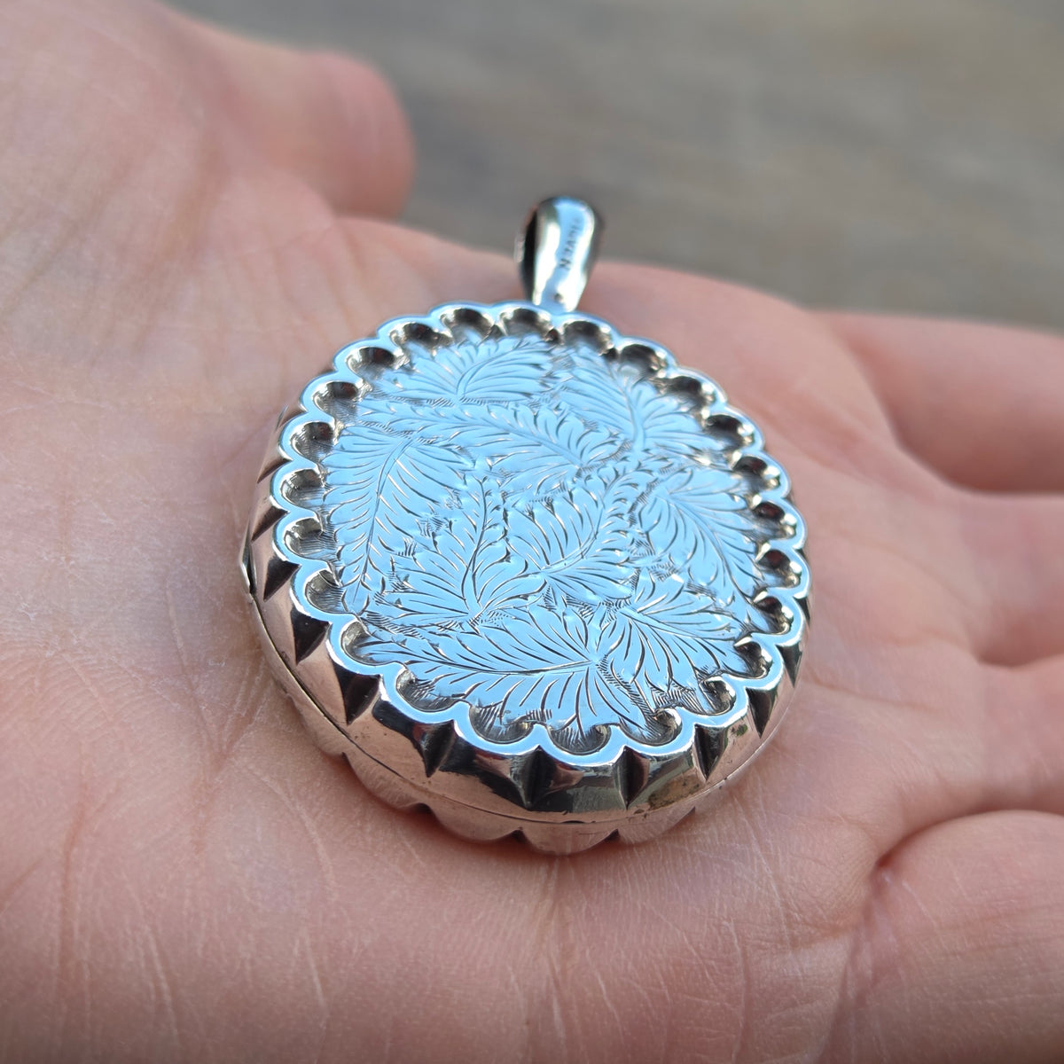 Antique Vintage Solid Sterling Silver Large Engraved Fern Locket Pendant for Chain Necklace