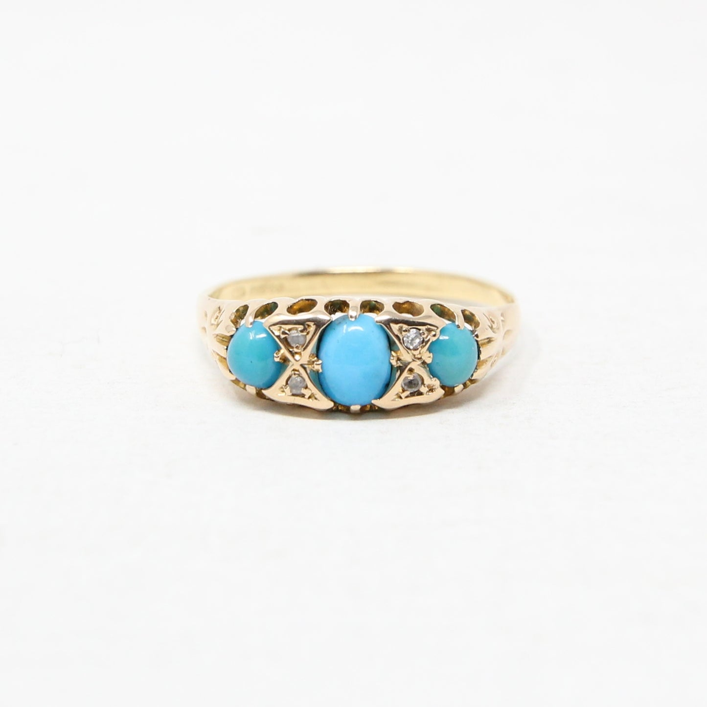 Vintage 1998 HM Solid 18ct 18k Gold Turquoise Diamond Trilogy Gypsy Ring Size T 1/2