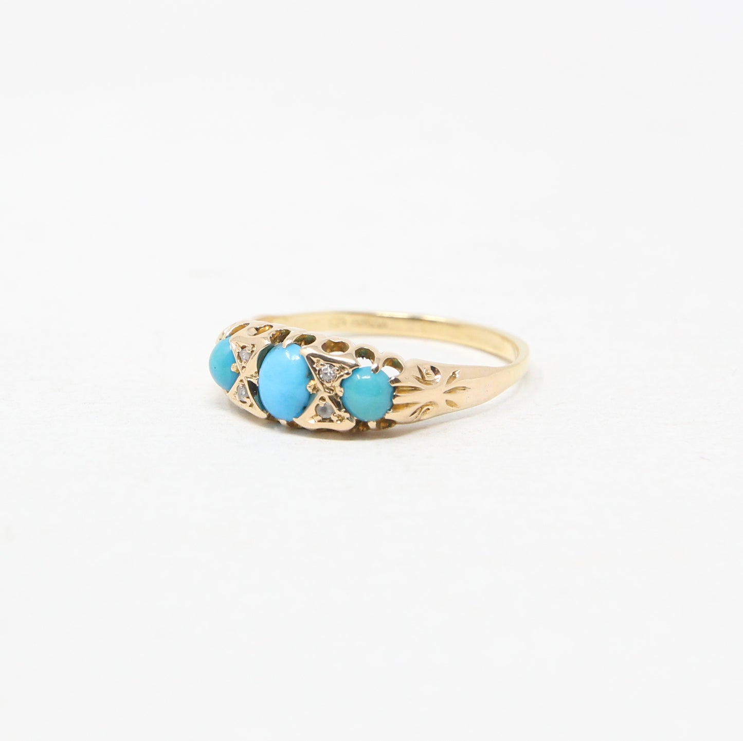 Vintage 1998 HM Solid 18ct 18k Gold Turquoise Diamond Trilogy Gypsy Ring Size T 1/2