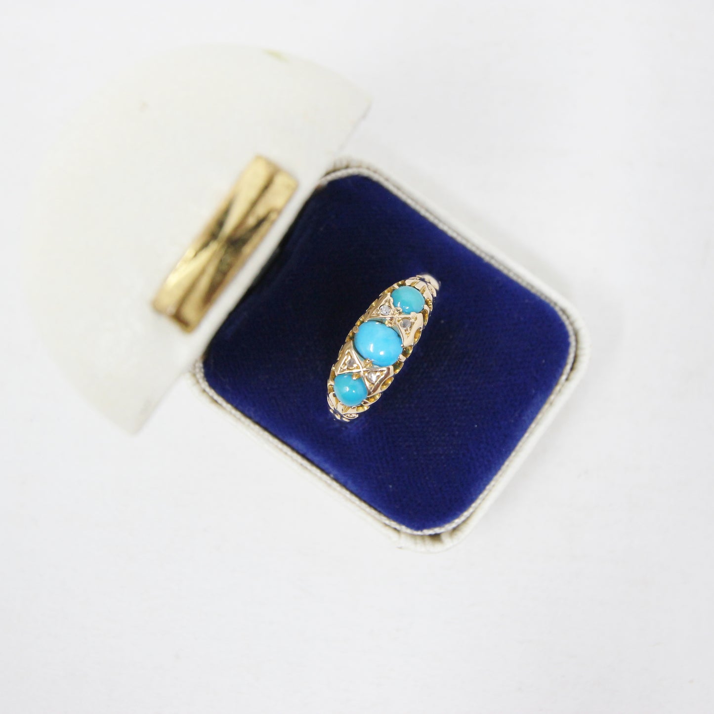 Vintage 1998 HM Solid 18ct 18k Gold Turquoise Diamond Trilogy Gypsy Ring Size T 1/2