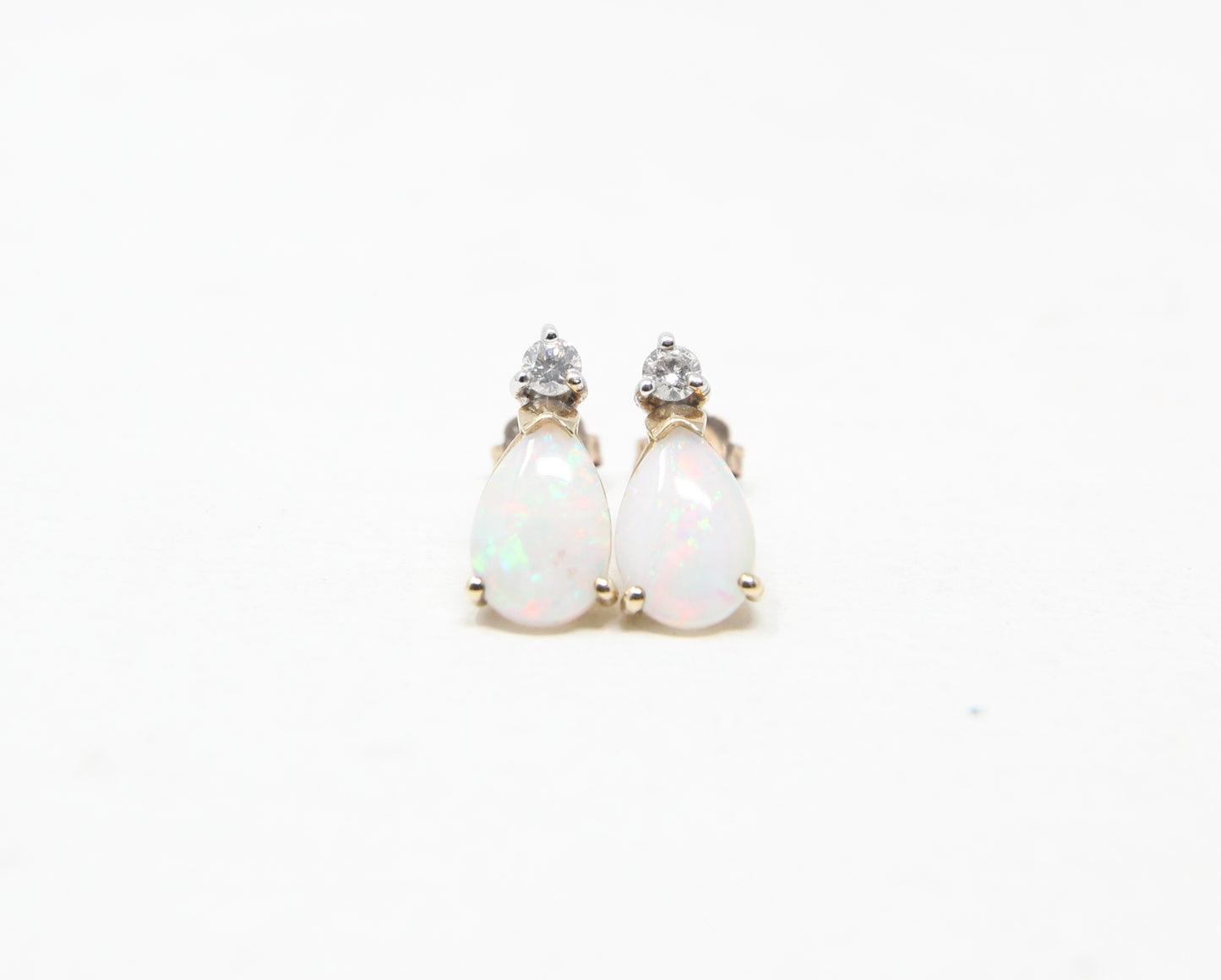 Vintage Hallmarked Solid 9ct 9k Gold Diamond Teardrop Opal Stud Earrings