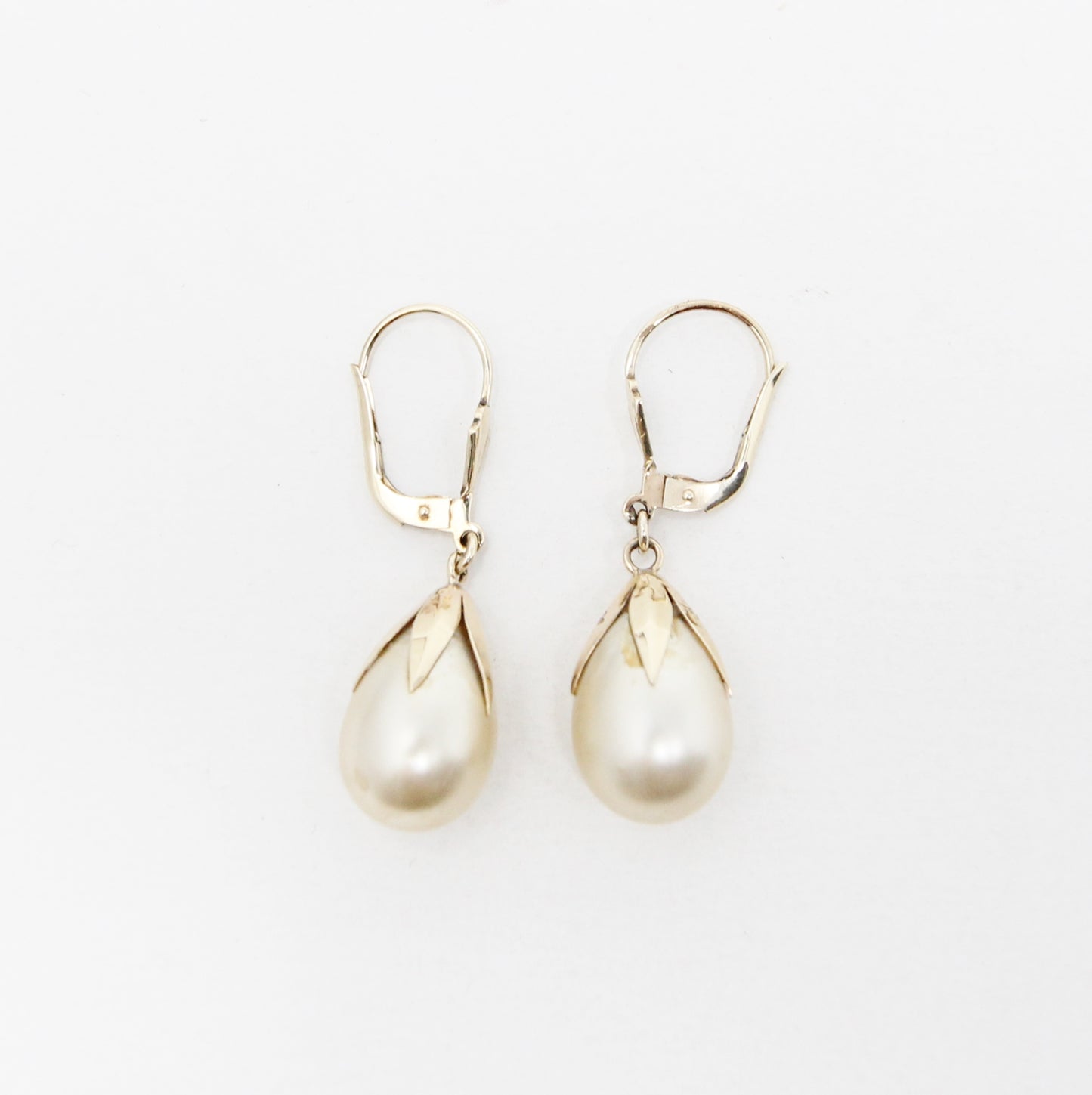 Vintage Hallmarked Solid 9ct 9k Gold Large Faux Pearl Drop Hook Leverback Earrings