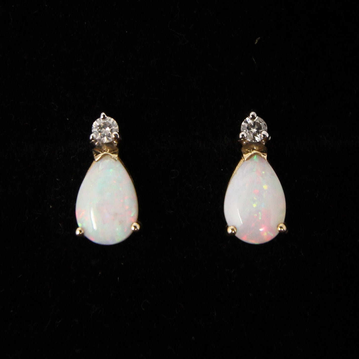 Vintage Hallmarked Solid 9ct 9k Gold Diamond Teardrop Opal Stud Earrings