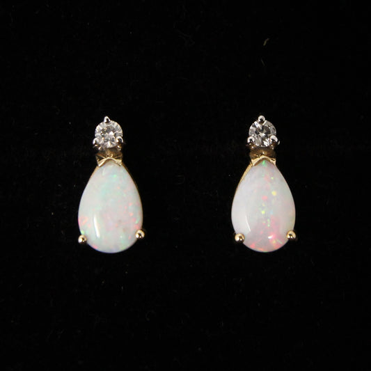 Vintage Hallmarked Solid 9ct 9k Gold Diamond Teardrop Opal Stud Earrings